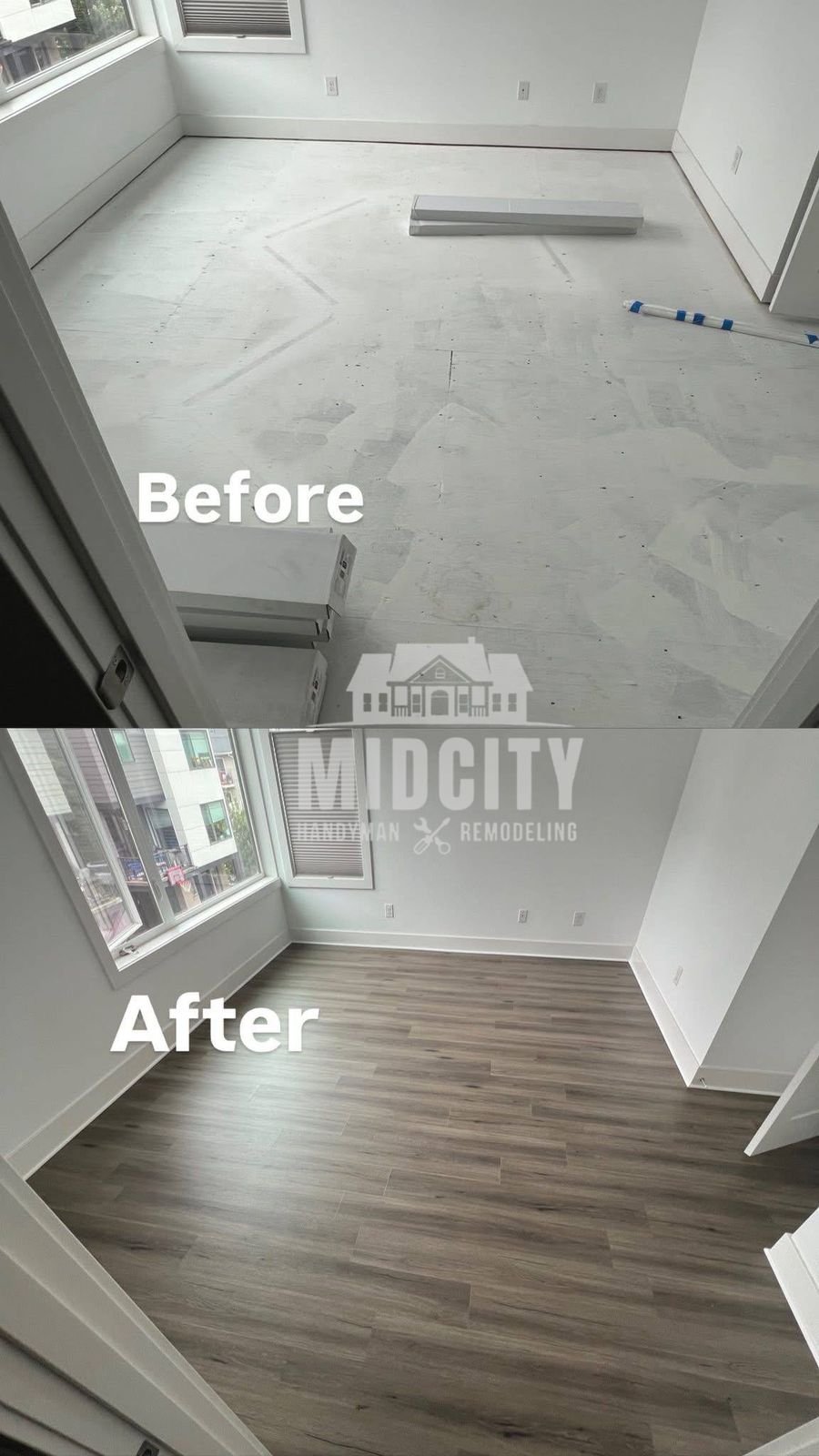 Before and after luxury vinyl plank flooring installation